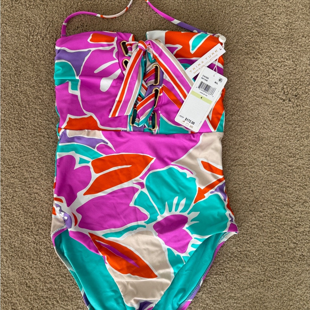 Trina Turk Floral Lace-Up One-Piece Swimsuit - Magenta, Teal & Orange
